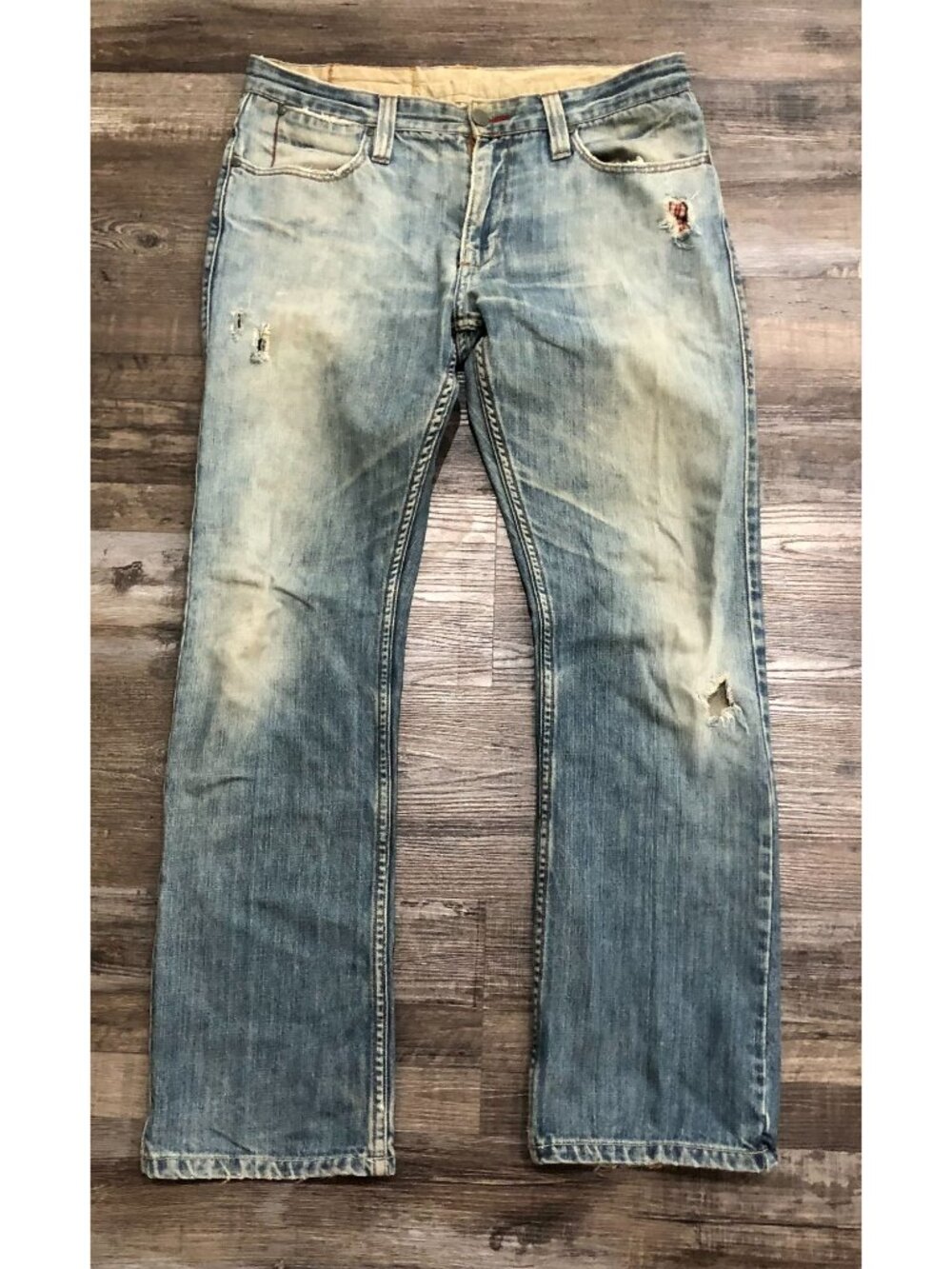 Iron Mens 33x32 Distressed Straight Fit Cotton Blue Jeans